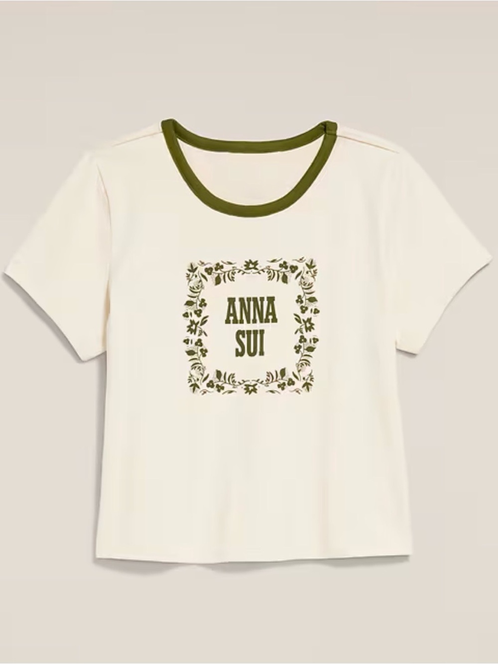 Old Navy x Anna Sui Cream Short Sleeve Ringer Tee with Olive Green Trim